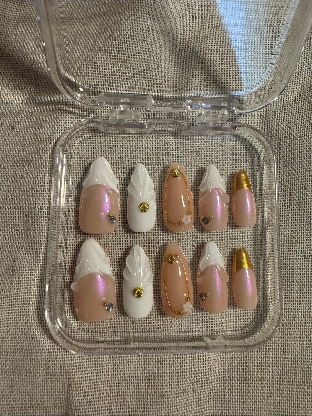 Peach & White Decorative Press-On Nails with Gold Accent